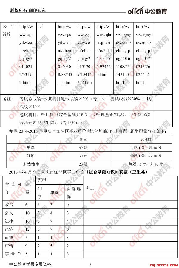 2017重庆江津卫生事业单位《综合基础知识（卫生类）》考情与真题分析3